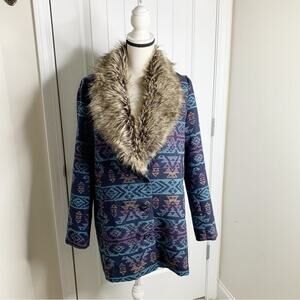 Anthropologie aztec faux fur bomber southwestern wool jacket medium mob wife